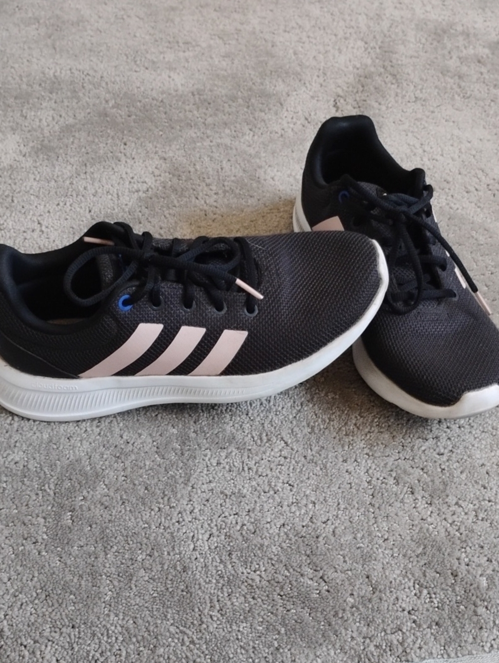 adidas  Cloud Foam Black Knit Sneaker with Pale Pink Stripes.  Women's Size 9